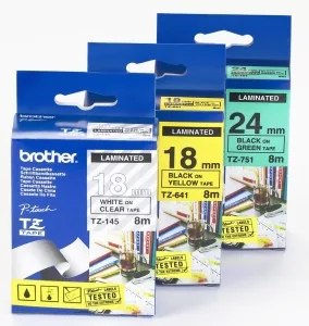 Brother TZe-145 - Standardní lepidlo - bílá na průsvitné - Role (1,8 cm x 8 m) 1 kazeta/y lamino páska - pro Brother PT-P750, P950; P-Touch PT-18, 1830, 2430, 2470, 3600, 9800, D450, D800, H500, P750