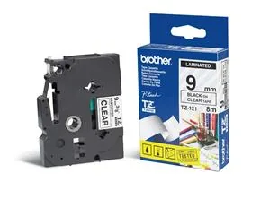 Brother TZe-121 - Standardní lepidlo - černá na průhledné - Role (0,9 cm x 8 m) 1 kazeta/y lamino páska - pro Brother PT-D210, D600, H110; P-Touch PT-1005, D200, D450, E550, H105, H110, P300, P900