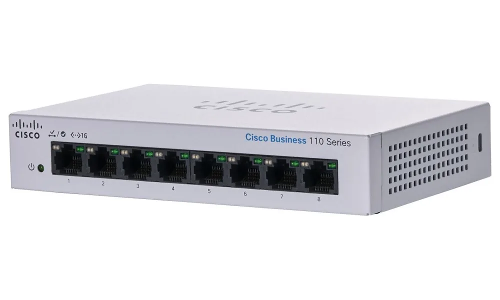Cisco Business 110 Series 110-8T-D - Přepínač - neřízený - 8 x 10/100/1000 - Lze montovat do rozvaděče, desktop, pro připevnění na zeď - napájení DC