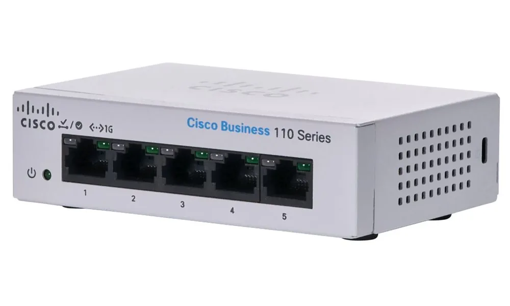 Cisco Business 110 Series 110-5T-D - Přepínač - neřízený - 5 x 10/100/1000 - Lze montovat do rozvaděče, desktop, pro připevnění na zeď - napájení DC