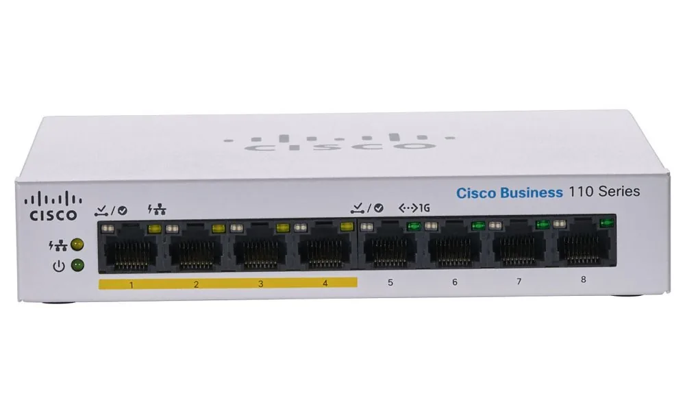 Cisco Business 110 Series 110-8PP-D - Přepínač - neřízený - 4 x 10/100/1000 (PoE) + 4 x 10/100/1000 - Lze montovat do rozvaděče, desktop, pro připevnění na zeď - PoE (32 W) - napájení DC