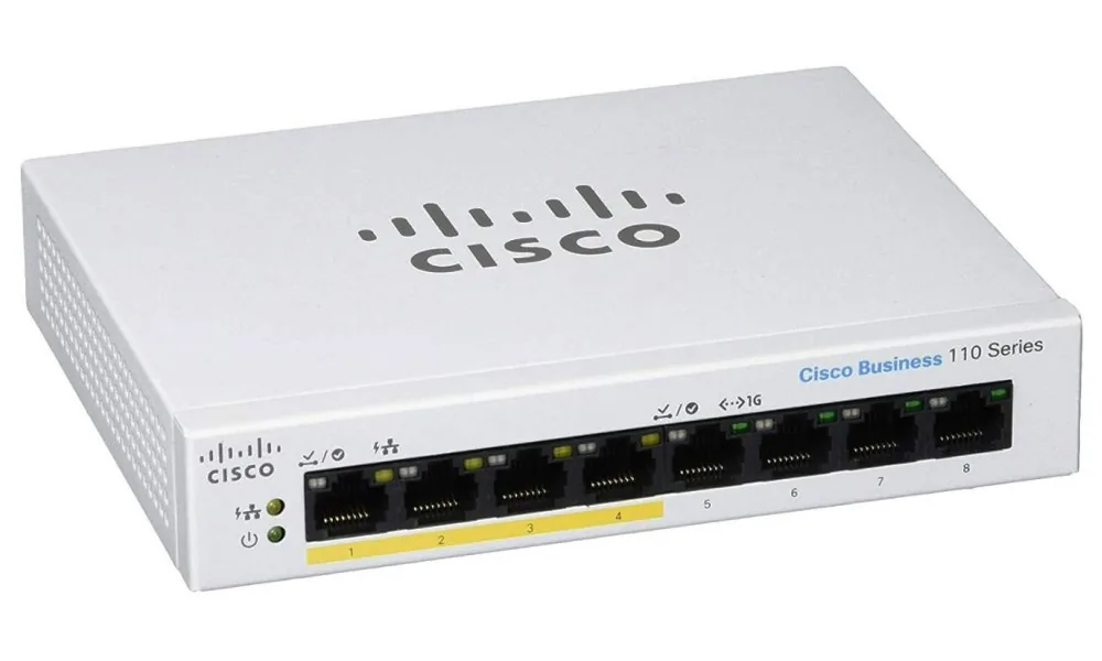 Cisco Business 110 Series 110-8PP-D - Přepínač - neřízený - 4 x 10/100/1000 (PoE) + 4 x 10/100/1000 - Lze montovat do rozvaděče, desktop, pro připevnění na zeď - PoE (32 W) - napájení DC