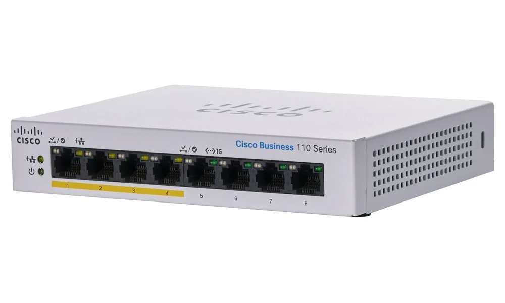 Cisco Business 110 Series 110-8PP-D - Přepínač - neřízený - 4 x 10/100/1000 (PoE) + 4 x 10/100/1000 - Lze montovat do rozvaděče, desktop, pro připevnění na zeď - PoE (32 W) - napájení DC