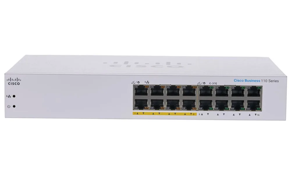 Cisco Business 110 Series 110-16PP - Přepínač - neřízený - 8 x 10/100/1000 (PoE) + 8 x 10/100/1000 - Lze montovat do rozvaděče, desktop, pro připevnění na zeď - PoE (64 W)