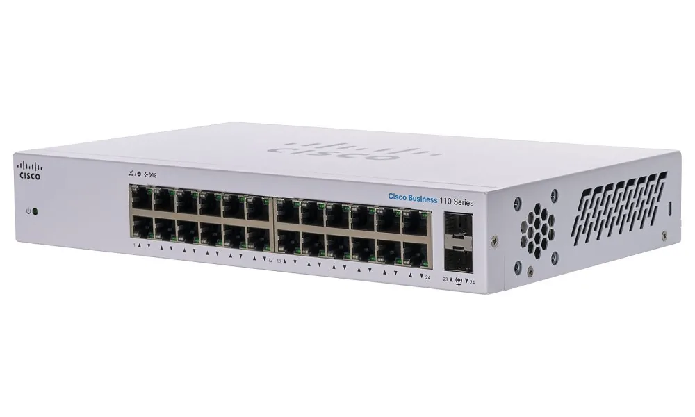 Cisco Business 110 Series 110-24T - Přepínač - neřízený - 24 x 10/100/1000 + 2 x kombinace Gigabit SFP - Lze montovat do rozvaděče, desktop, pro připevnění na zeď