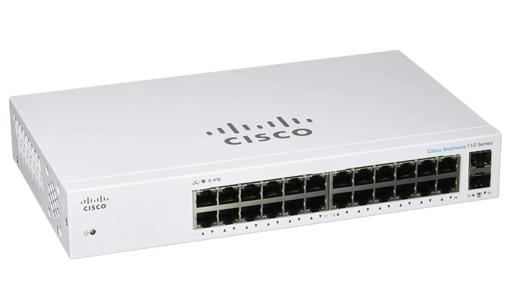 Cisco Business 110 Series 110-24T - Přepínač - neřízený - 24 x 10/100/1000 + 2 x kombinace Gigabit SFP - Lze montovat do rozvaděče, desktop, pro připevnění na zeď