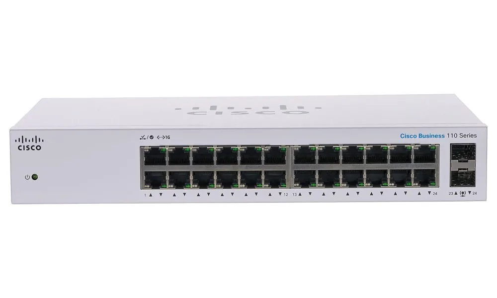 Cisco Business 110 Series 110-24T - Přepínač - neřízený - 24 x 10/100/1000 + 2 x kombinace Gigabit SFP - Lze montovat do rozvaděče, desktop, pro připevnění na zeď