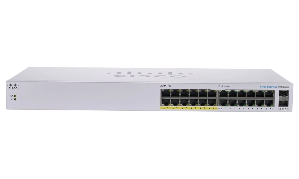 Cisco Business 110 Series 110-24PP - Přepínač - neřízený - 12 x 10/100/1000 (PoE) + 12 x 10/100/1000 + 2 x kombinace Gigabit SFP - Lze montovat do rozvaděče, desktop, pro připevnění na zeď - PoE (100 W)