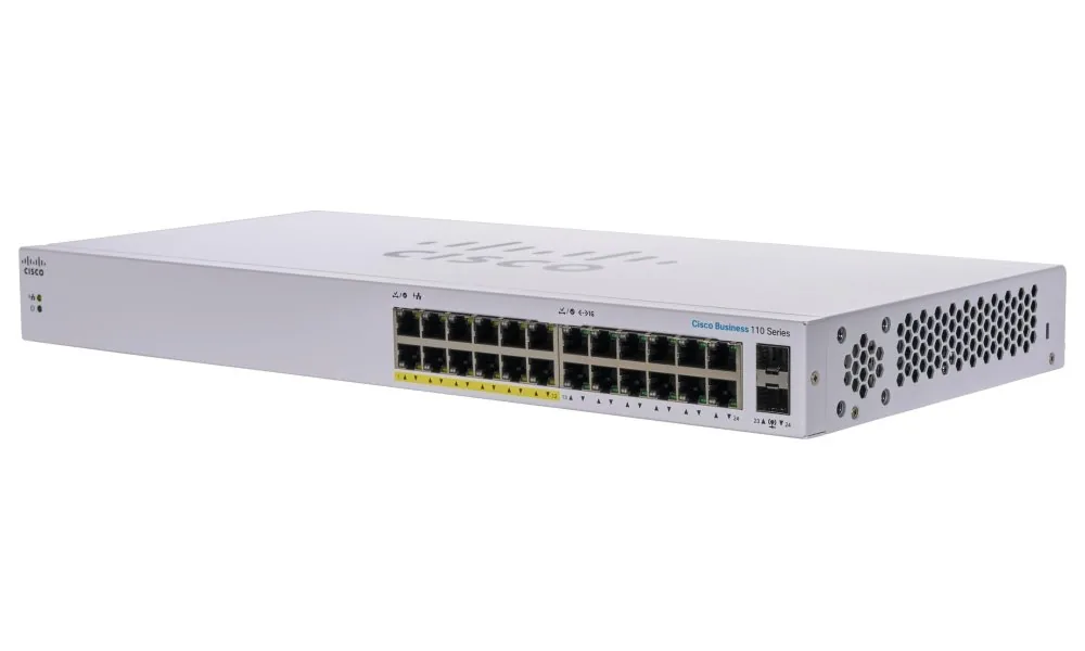 Cisco Business 110 Series 110-24PP - Přepínač - neřízený - 12 x 10/100/1000 (PoE) + 12 x 10/100/1000 + 2 x kombinace Gigabit SFP - Lze montovat do rozvaděče, desktop, pro připevnění na zeď - PoE (100 W)