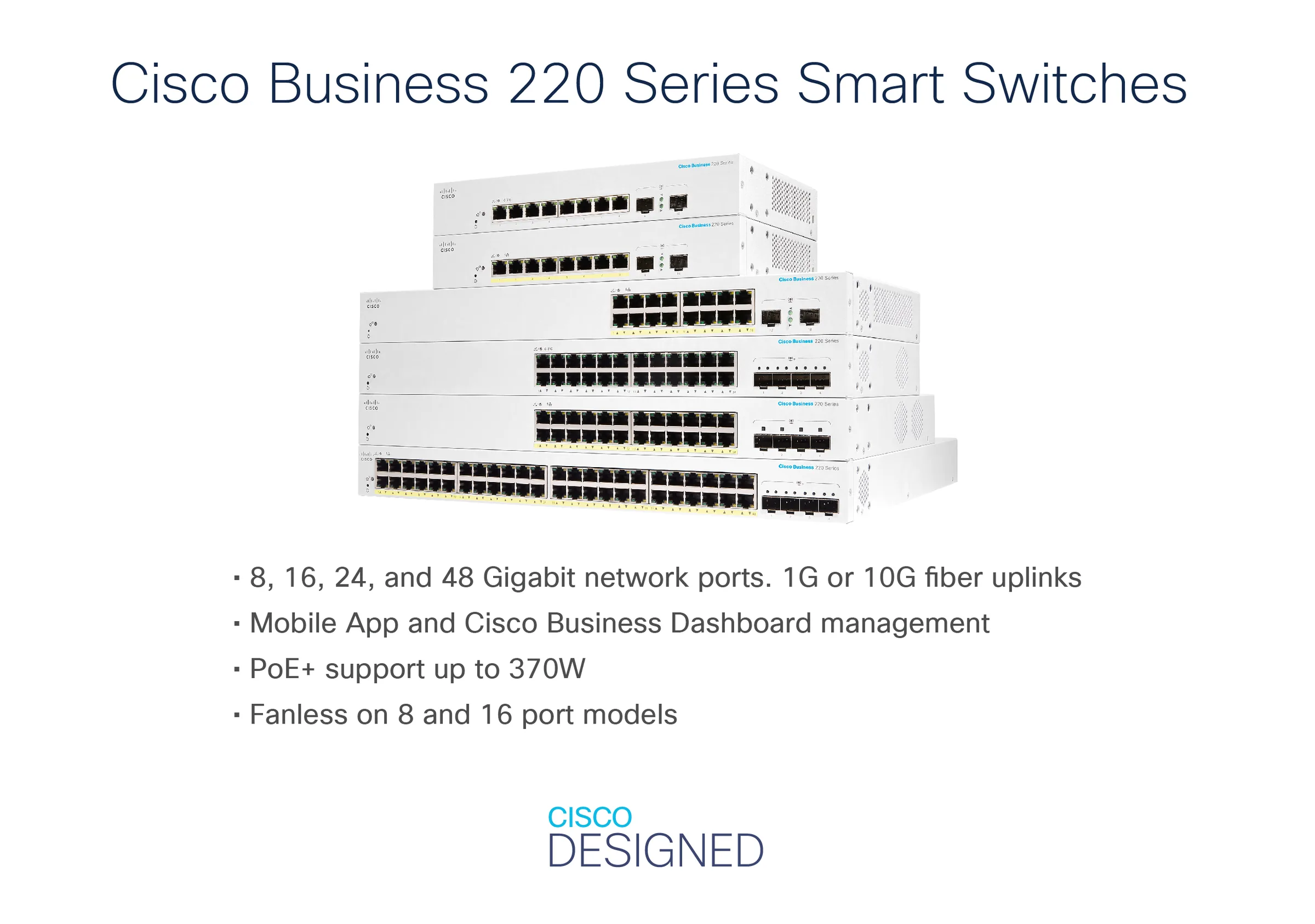 Cisco Business 220 Series CBS220-24P-4X - Přepínač - inteligentní - 24 x 10/100/1000 (PoE+) + 4 x 10 Gigabit SFP+ (uplink) - Lze montovat do rozvaděče - PoE+ (195 W)