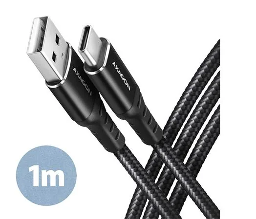 AXAGON BUCM-AM10AB, HQ kabel USB-C  USB-A, 1m, USB 2.0, 3A, ALU, oplet, černý