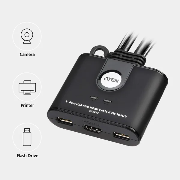ATEN 2-port HDMI KVM USB mini, integrované kabely, tlačítko pro přepínání