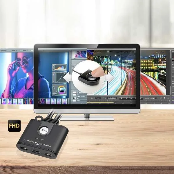 ATEN 2-port HDMI KVM USB mini, integrované kabely, tlačítko pro přepínání