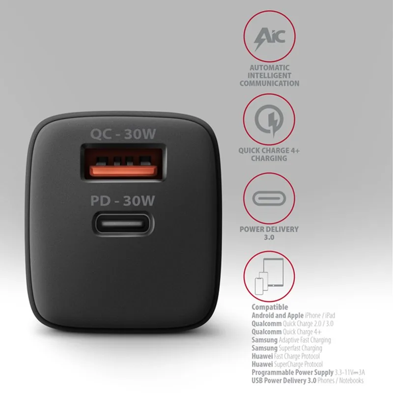 AXAGON ACU-PQ30, Sil nabíječka do sítě 30W, 2x port (USB-A + USB-C), PD3.0/PPS/QC4+/SFC/AFC/Apple