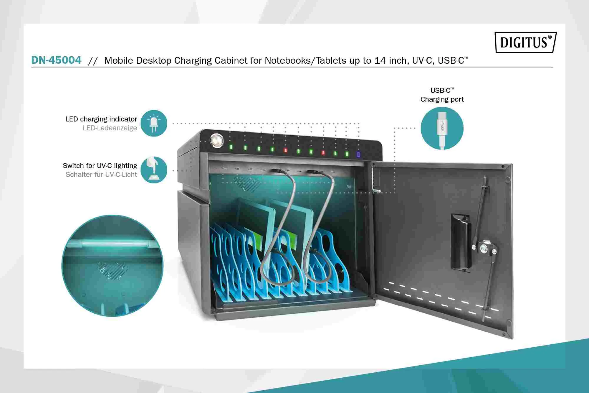 DIGITUS mobilní stolní nabíjecí skříňka pro tablety do 14 palců, 10 zařízení. UV-C, USB-C ( až 20W na zařízení
