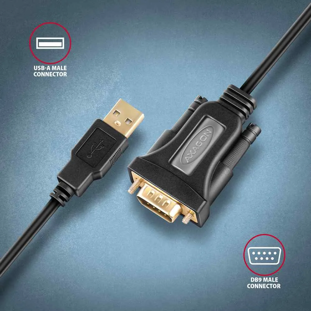 AXAGON ADS-1PQN, USB-A 2.0 - sériový RS-232 DB9-M FTDI adaptér / kabel 1.5m