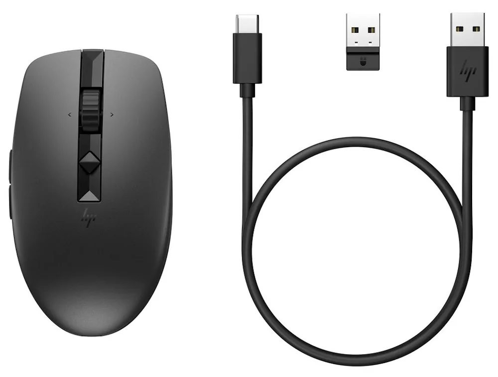 HP 715 - Myš - více zařízení, dobíjecí - 7 tlačítka - bezdrátový, kabelové - Bluetooth 3.0, 2.4 GHz - bezdrátový přijímač USB - černá