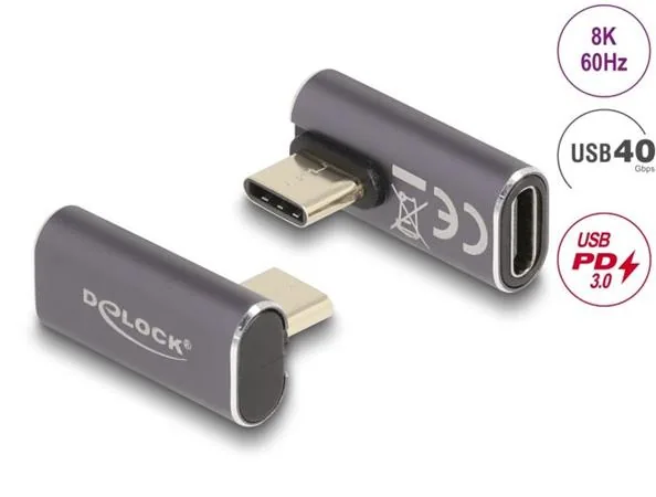 Delock - USB adaptér - USB-C (M) levoúhlé do USB-C (F) - USB 3.2 Gen 2 / DisplayPort 1.4 /Thunderbolt 3 - 20 V - 5 A - podpora Power Delivery 3.0, Rychlé nabíjení až 100 W, rychlost prenosu dat až 40 Gbps, podpora 8K60Hz - antracit