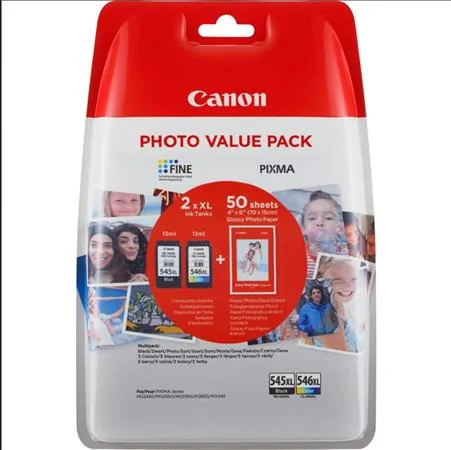 Canon PG-545XL/CL-546XL Photo Paper Value Pack - 2-balení - Vysoká výtěžnost - černá, barva (azurová, purpurová, žlutá) - originální - závěsný box - inkoustová kazeta/sada papíru - pro PIXMA TR4551, TR4650, TR4651, TS3350, TS3351, TS3352, TS3355, TS3450,