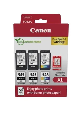Canon PG-545 XL/CL-546XL Photo Value Pack - 3-balení - černá, barva (azurová, purpurová, žlutá) - originální - inkoustová kazeta/sada papíru - pro P/N: 0727C068, 727C076