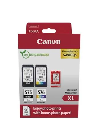 Canon PG-575XL/CL-576XL Photo Paper Value Pack - 2-balení - Vysoká výtěžnost - černá, barva (azurová, purpurová, žlutá) - originální - závěsný box - inkoustová kazeta/sada papíru - pro PIXMA TR4750i, TR4751i, TR4755i, TS3550i, TS3551i