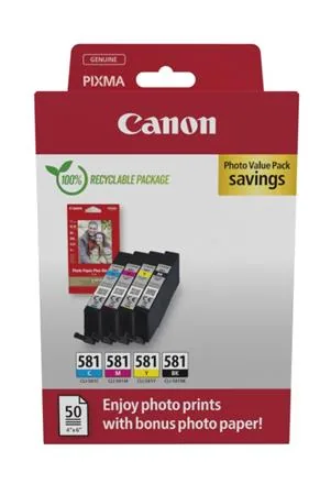 Canon CLI-581 C/M/Y/BK Photo Value Pack - 4-balení - 5.6 ml - černá, žlutá, azurová, purpurová - originální - pouzdro - Sada inkoustový zásobník / papír - pro PIXMA TS6251, TS6350, TS6351, TS705, TS8252, TS8350, TS8351, TS8352, TS9550, TS9551