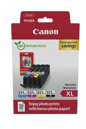 Canon CLI-551XL C/M/Y/BK Photo Value Pack - 4-balení - 11 ml - XL - žlutá, azurová, purpurová, černá - originální - pouzdro - Sada inkoustový zásobník / papír - pro MAXIFY MG6650; PIXMA iP8750, iX6850, MG5550, MG5650, MG6650, MG7550, MX725; PIXUS MG7550