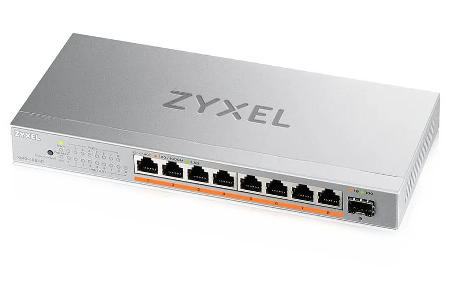 Zyxel XMG-100 Series XMG-108HP - Přepínač - nespravovaný - neřízený - 8 x 100/1000/2.5G (PoE++) + 1 x Gigabit SFP / 10 Gigabit SFP+ - desktop, pro připevnění na zeď - PoE++ (100 W)