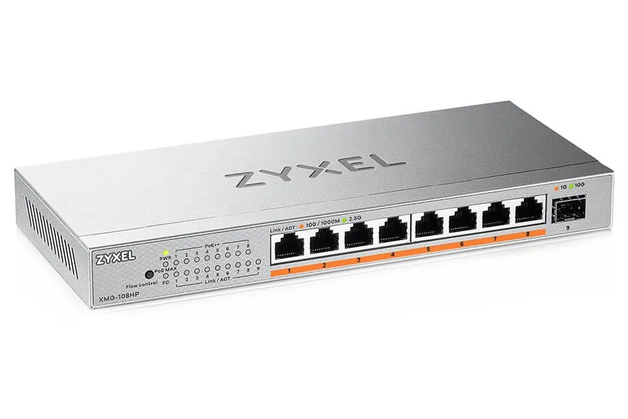 Zyxel XMG-100 Series XMG-108HP - Přepínač - nespravovaný - neřízený - 8 x 100/1000/2.5G (PoE++) + 1 x Gigabit SFP / 10 Gigabit SFP+ - desktop, pro připevnění na zeď - PoE++ (100 W)