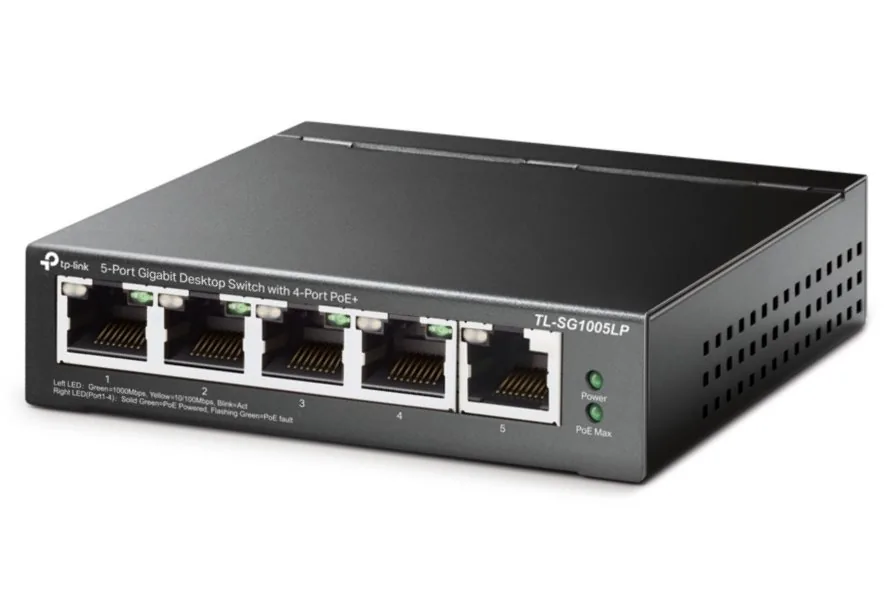 TP-Link TL-SG1005LP - V1 - přepínač - neřízený - 5 x 10/100/1000 (4 PoE+) - desktop, pro připevnění na zeď - PoE+ (40 W)