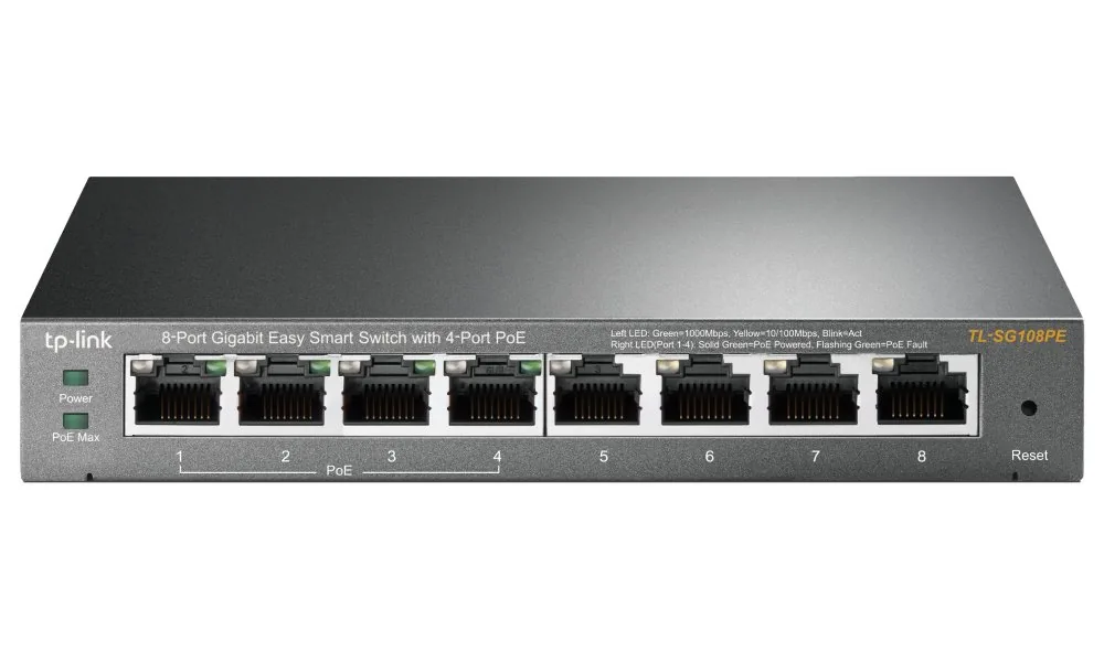 TP-Link Easy Smart TL-SG108PE - Přepínač - inteligentní - 4 x 10/100/1000 (4 PoE+) + 4 x 10/100/1000 - desktop - PoE+ (64 W)