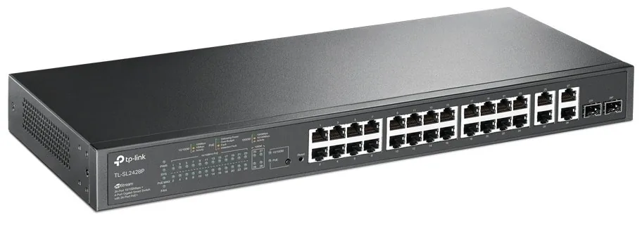 TP-Link JetStream TL-SL2428P V6.6 - Přepínač - L3 - inteligentní - 24 x 10/100 + 2 x kombinace Gigabit SFP - Lze montovat do rozvaděče - PoE+ (250 W)
