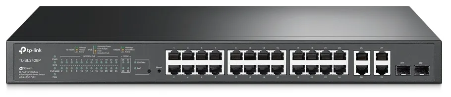 TP-Link JetStream TL-SL2428P V6.6 - Přepínač - L3 - inteligentní - 24 x 10/100 + 2 x kombinace Gigabit SFP - Lze montovat do rozvaděče - PoE+ (250 W)
