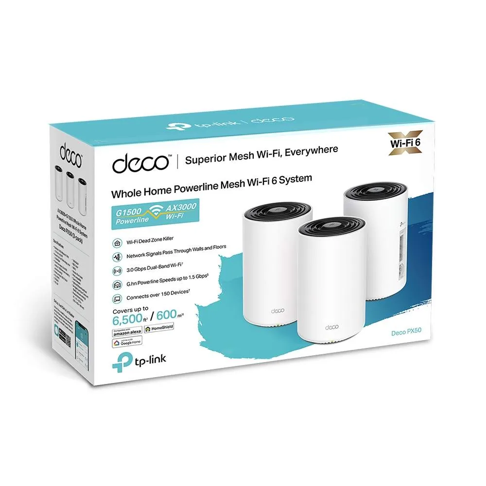 TP-Link Deco PX50 V1 - Systém WiFi - (3 routery) - až 6500 čtverečních stop - mesh 1GbE, G.hn - Wi-Fi 6 - Dual Band