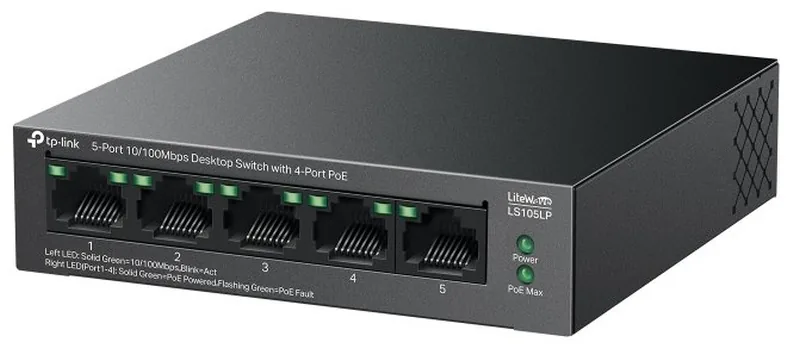 TP-Link LiteWave LS105LP V1 - Přepínač - 4 x 10/100 (PoE) + 1 x 10/100 - desktop, pro připevnění na zeď - PoE (41 W)