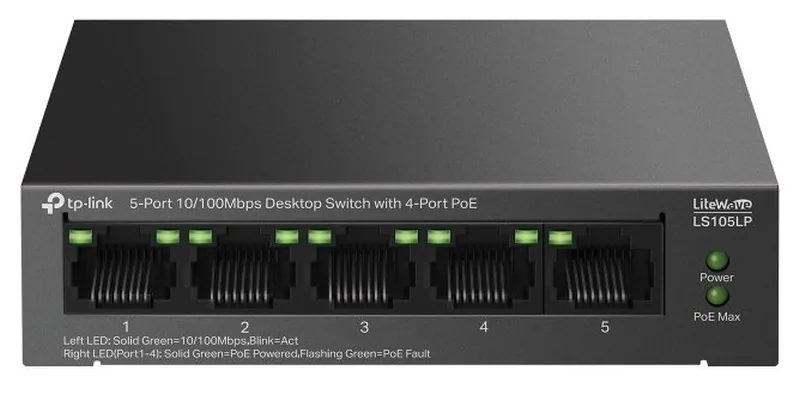 TP-Link LiteWave LS105LP V1 - Přepínač - 4 x 10/100 (PoE) + 1 x 10/100 - desktop, pro připevnění na zeď - PoE (41 W)