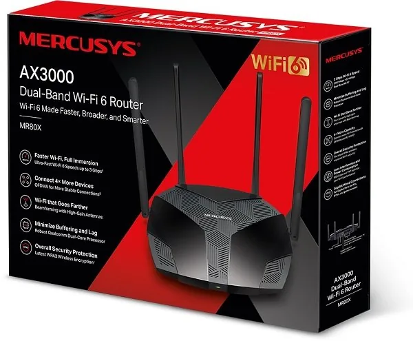 Mercusys MR80X V2 - Bezdrátový router 3portový switch - 1GbE - Wi-Fi 6 - Dual Band