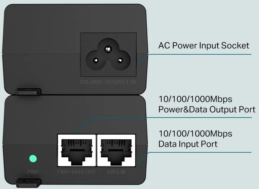 PoE+ Injector Adapter PORT: 1× Gigabit PoE Port, 1× Gigabit Non-PoE Port SPEC: 802.3at af Compliant, Data and Power Carr