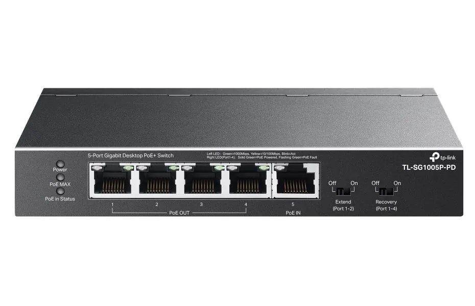 TP-Link TL-SG1005P-PD V1 - Přepínač - neřízený - 4 x 10/100/1000 (PoE+) + 1 x 10/100/1000 (PoE++) - desktop, pro připevnění na zeď - PoE++ (66 W)