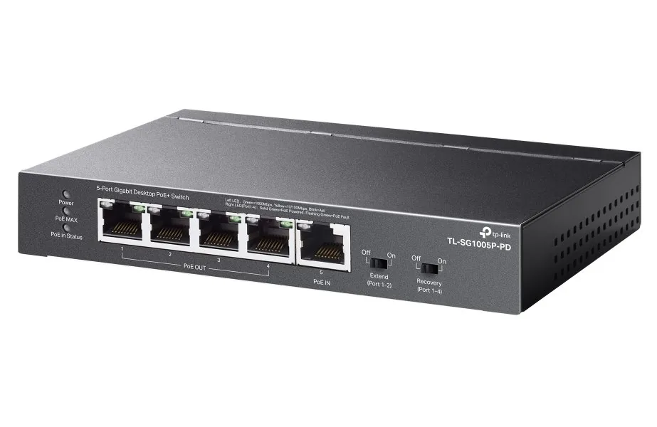TP-Link TL-SG1005P-PD V1 - Přepínač - neřízený - 4 x 10/100/1000 (PoE+) + 1 x 10/100/1000 (PoE++) - desktop, pro připevnění na zeď - PoE++ (66 W)