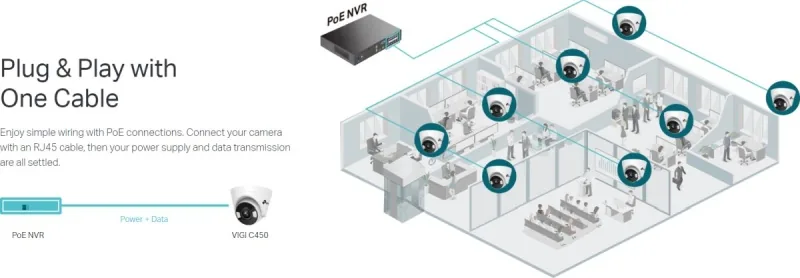 TP-Link VIGI C450 V1 - Síťová bezpečnostní kamera - otáčení/naklonění - otočná - barevný (Den a noc) - 5 Mpix - 2880 x 1620 - úchyt M12 - pevné ohnisko - audio - LAN 10/100 - H.264, H.265, H.265+, H.264+ - stejn. proud 12 V / PoE