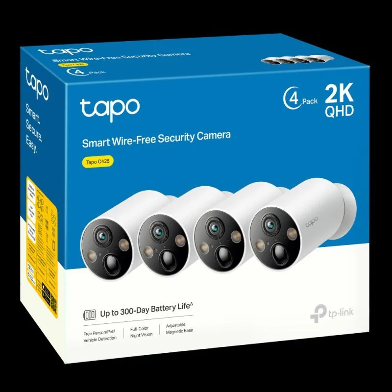Tapo C425 V1.6 - Síťová bezpečnostní kamera - interiérový, venkovní - odolný proti prachu/počasí - barevný (Den a noc) - 4 MP - 2560 x 1440 - 2K - pevné ohnisko - audio - bezdrátový - Wi-Fi - 2.4GHz radio - H.264 (balení 4)