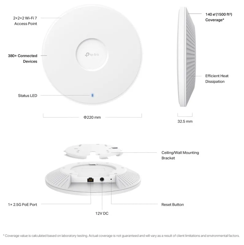 TP-Link Omada EAP772 V1 - Bezdrátový access point - 1GbE, 2.5GbE, Wi-Fi 7 - Bluetooth, Wi-Fi 7 - 2.4 GHz, 5 GHz, 6 GHz - spravování cloudem - nástěnná/stropní montáž