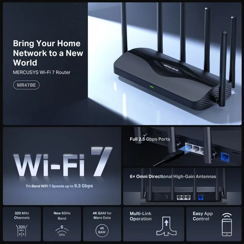 Mercusys MR47BE V1 - Bezdrátový router 3portový switch - 1GbE, 2.5GbE, Wi-Fi 7 Multi-Band