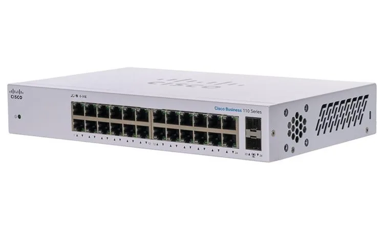Cisco Business 110 Series 110-24T - Přepínač - neřízený - 24 x 10/100/1000 + 2 x kombinace Gigabit SFP - Lze montovat do rozvaděče, desktop, pro připevnění na zeď - repasováno