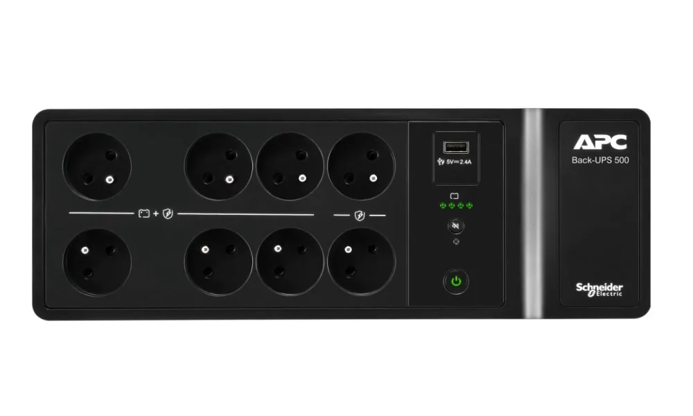 APC Back-UPS BE Series BE500G2 - UPS (montáž na stenu / povrch) - USB Typ A - AC 230 V - 300 watt - 500 VA - 9 Ah - výstupní konektory: 8 - Francie - cerná