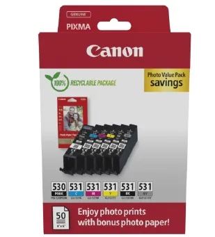Canon PGI-530/CLI-531 PGBK/C/M/Y/BK/GY Photo Value Pack - 6-balení - pigmentová cerná, cerná, azurová, purpurová, žlutá, šedá - originální - závesný box - inkoustová kazeta/sada papíru