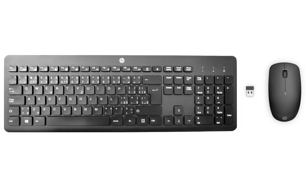 HP 235 - Sada klávesnice a myši - 3-zónová rozložení, nízký profil klávesového zdvihu - 100% - full size - bezdrátový - 2.4 GHz - česká/slovenská - černá - Smart Buy