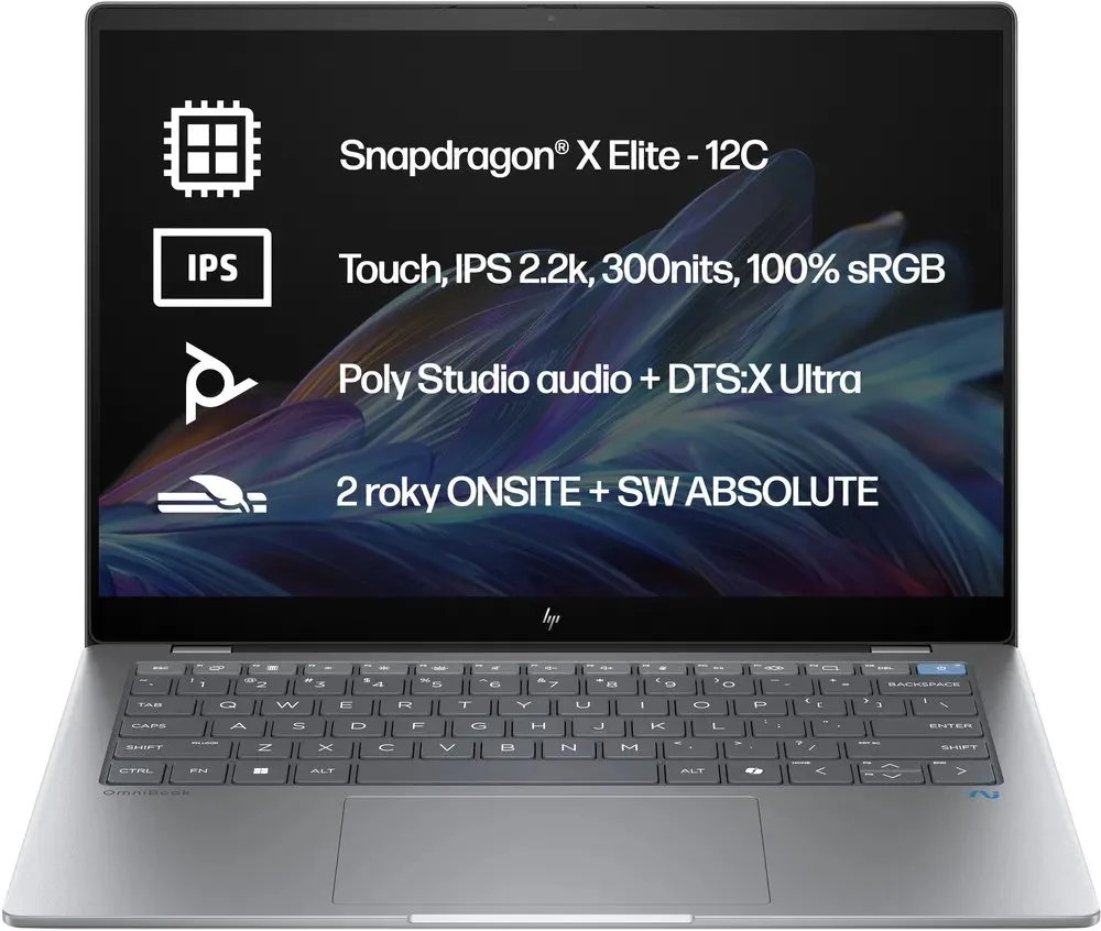 HP Omnibook X 14-fe1012nc SD-X1P-42-100 16GB DDR5 512GB SSD Qualcomm Adreno GPU 14"2,2K IPS W11H stříbrný