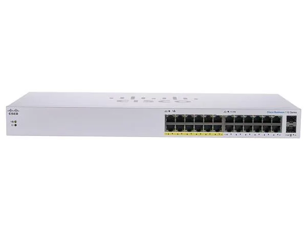 Cisco Business 110 Series 110-24PP - Přepínač - neřízený - 12 x 10/100/1000 (PoE) + 12 x 10/100/1000 + 2 x kombinace Gigabit SFP - Lze montovat do rozvaděče, desktop, pro připevnění na zeď - PoE (100 W) - repasováno
